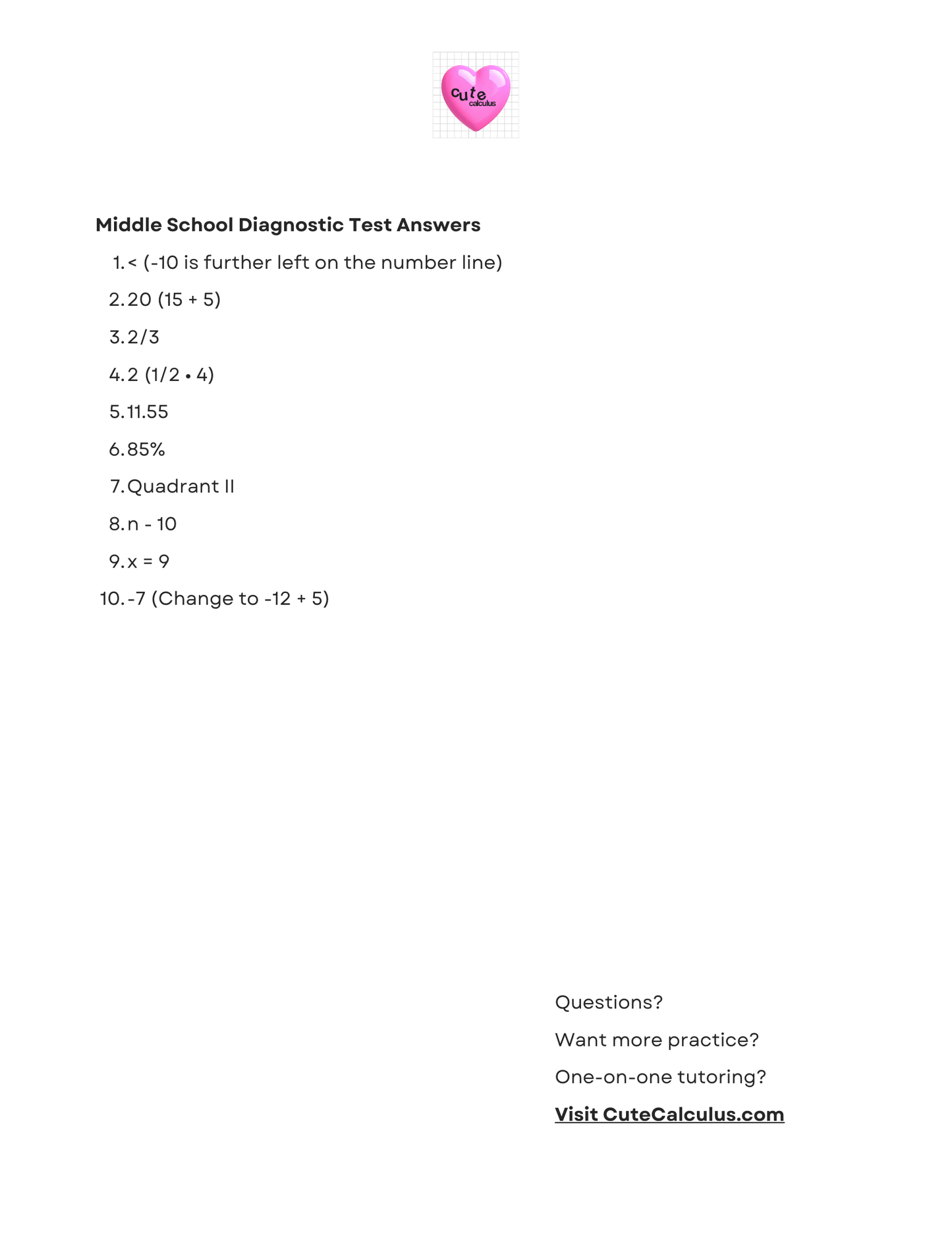 Middle School Diagnostic Test Answers with a pink heart logo and website URL on a white background