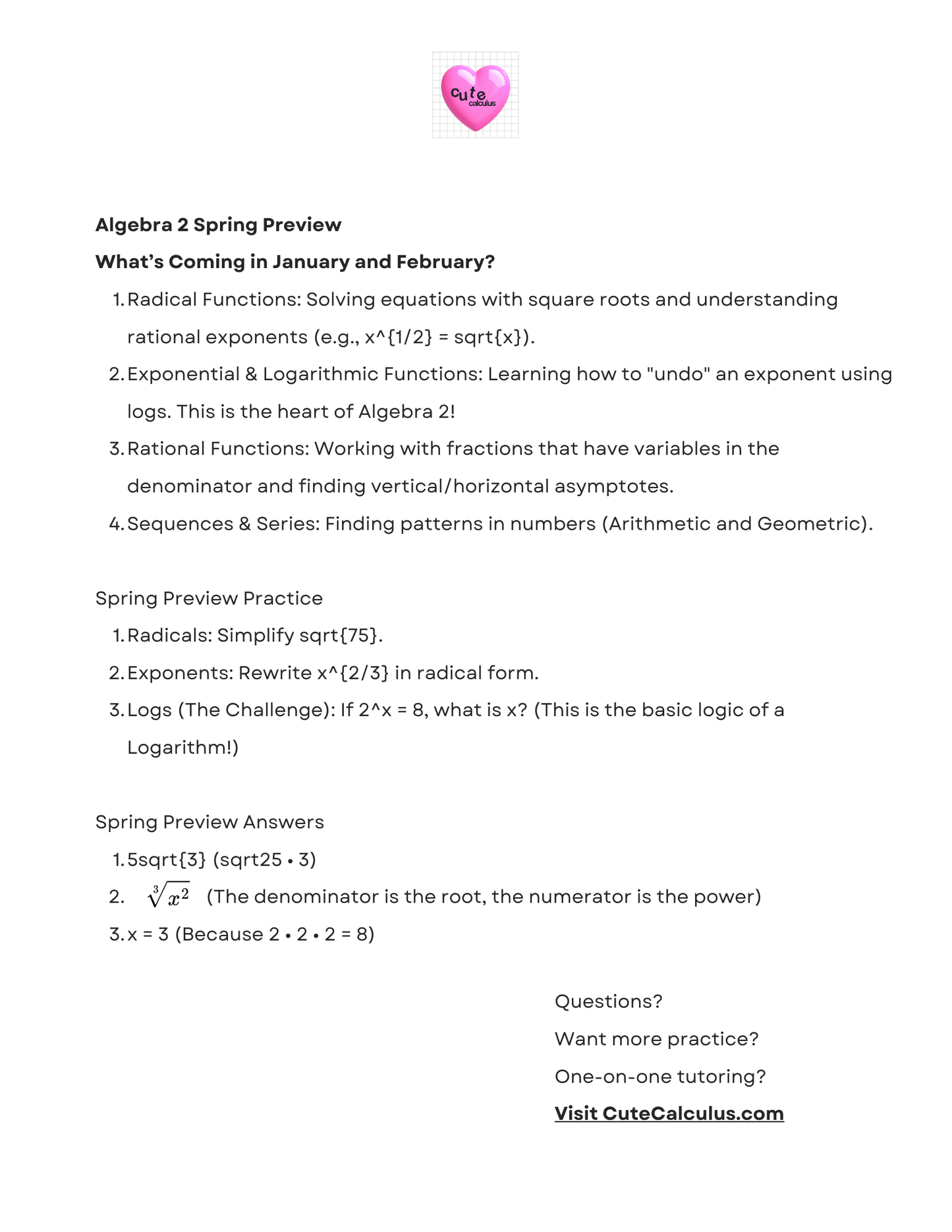 Algebra 2 Spring Preview document with text and a pink heart emoji on a white background