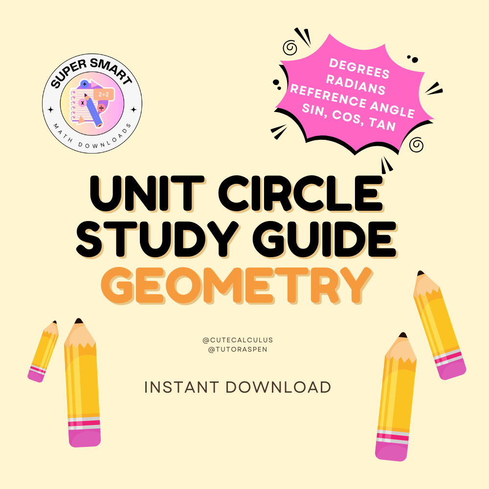 Promotional image for a Unit Circle Study Guide, featuring text that highlights the content like 'degrees', 'radians', and 'reference angle', with icons of pencils and a graphic that suggests education or study.