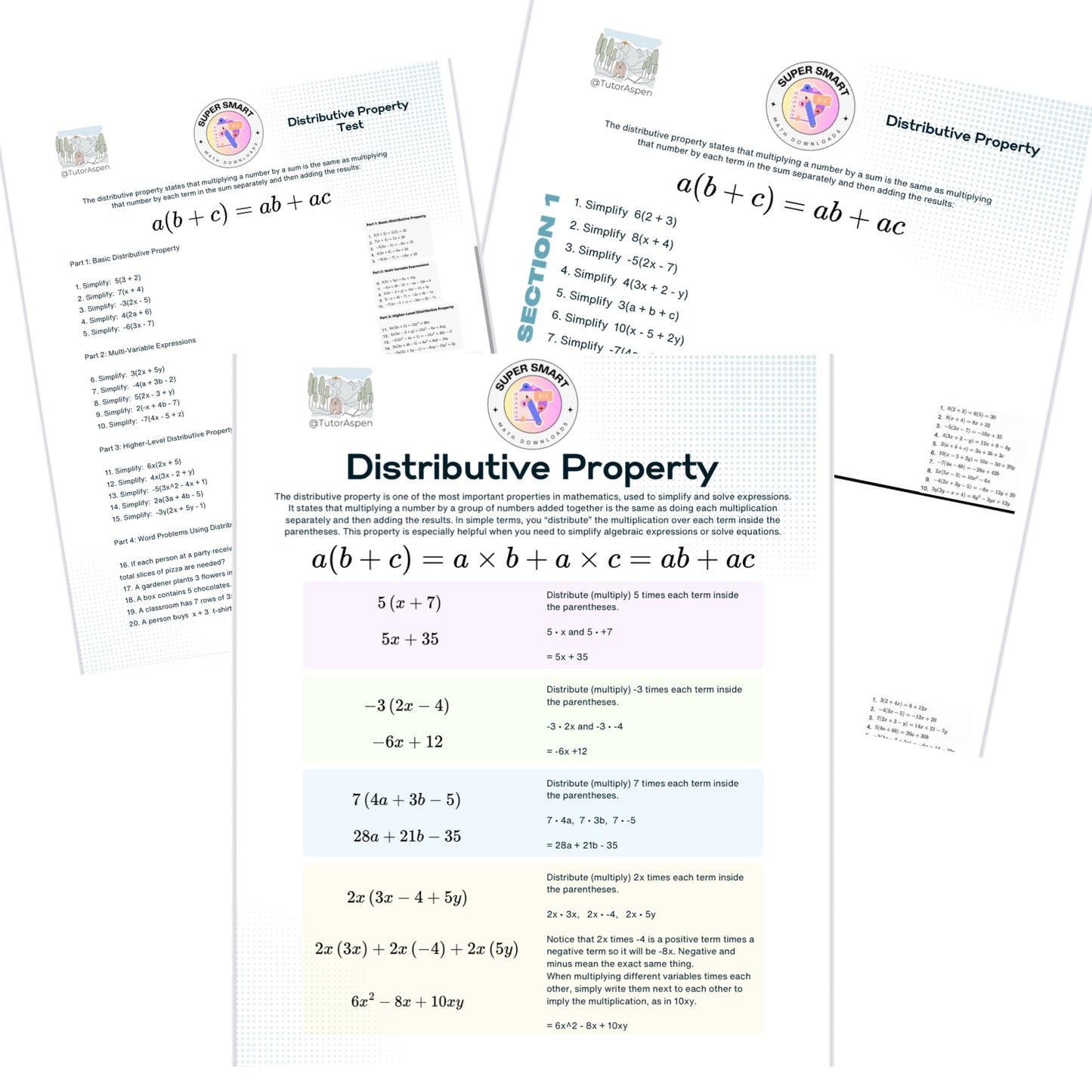 Educational worksheets on the distributive property with a white background