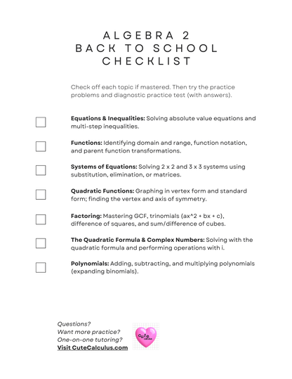 Algebra 2 back-to-school checklist with topics and a promotional message for tutoring.