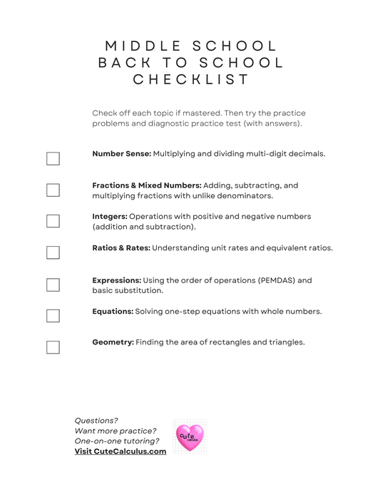 Middle school back-to-school checklist with educational topics and a promotional message.