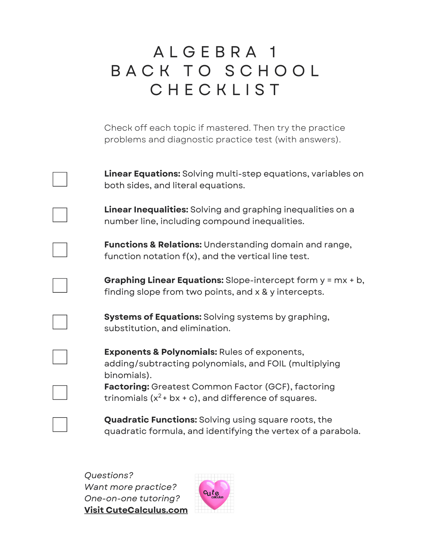 Algebra 1 back-to-school checklist with topics and practice problems on a white background.