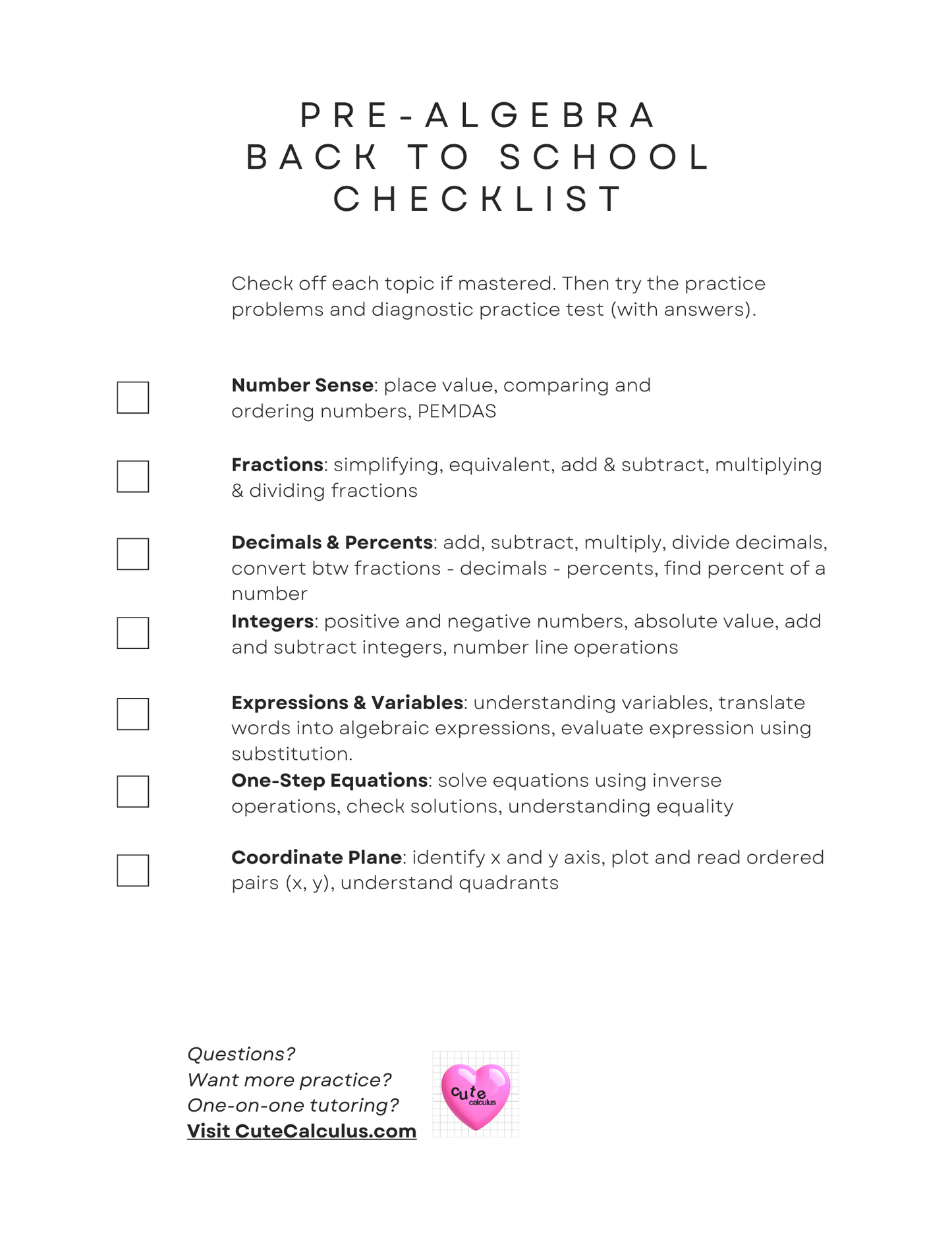 Pre-algebra back-to-school checklist with topics and practice suggestions on a white background.