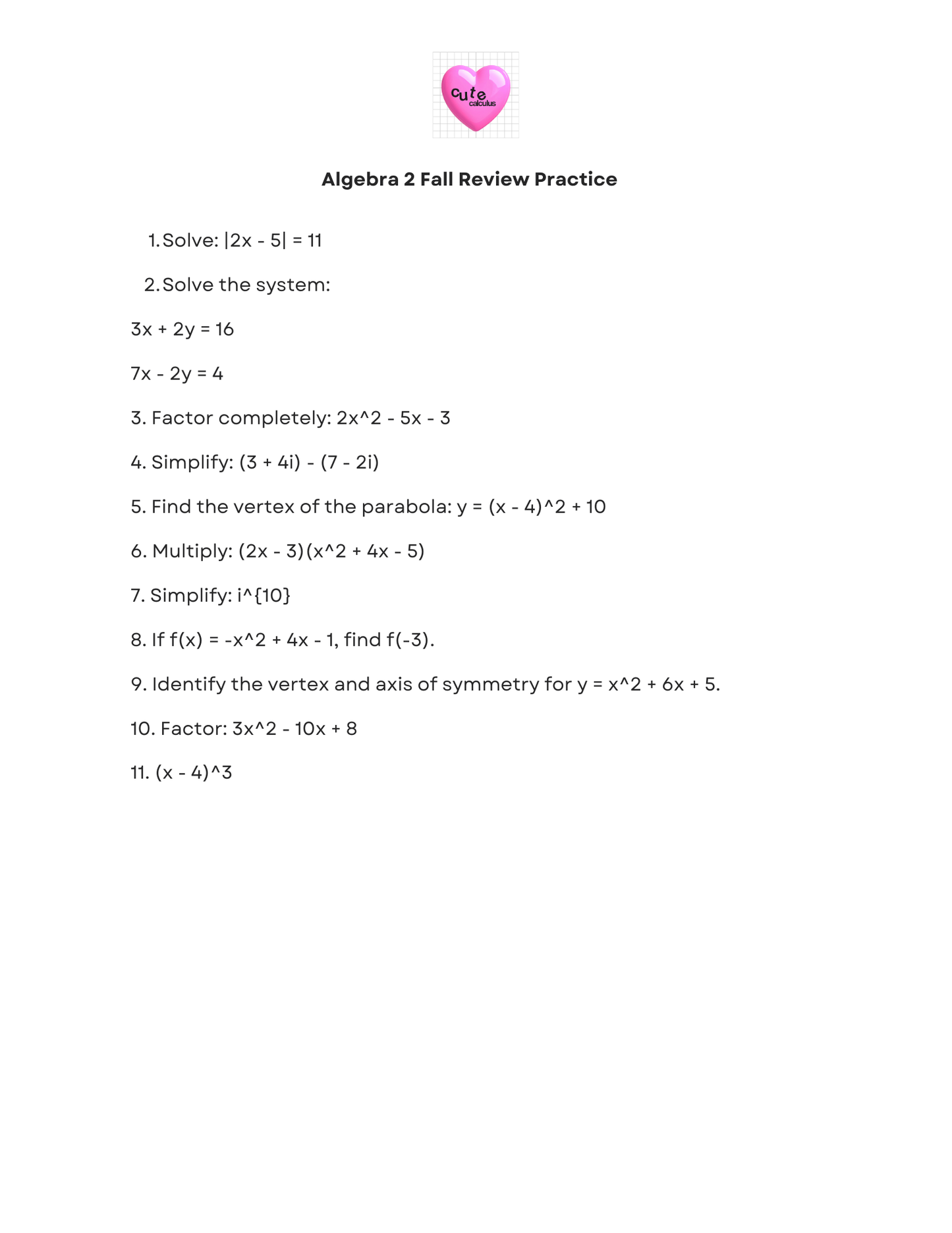 Algebra 2 fall review practice sheet with problems and a pink heart emoji on a white background.