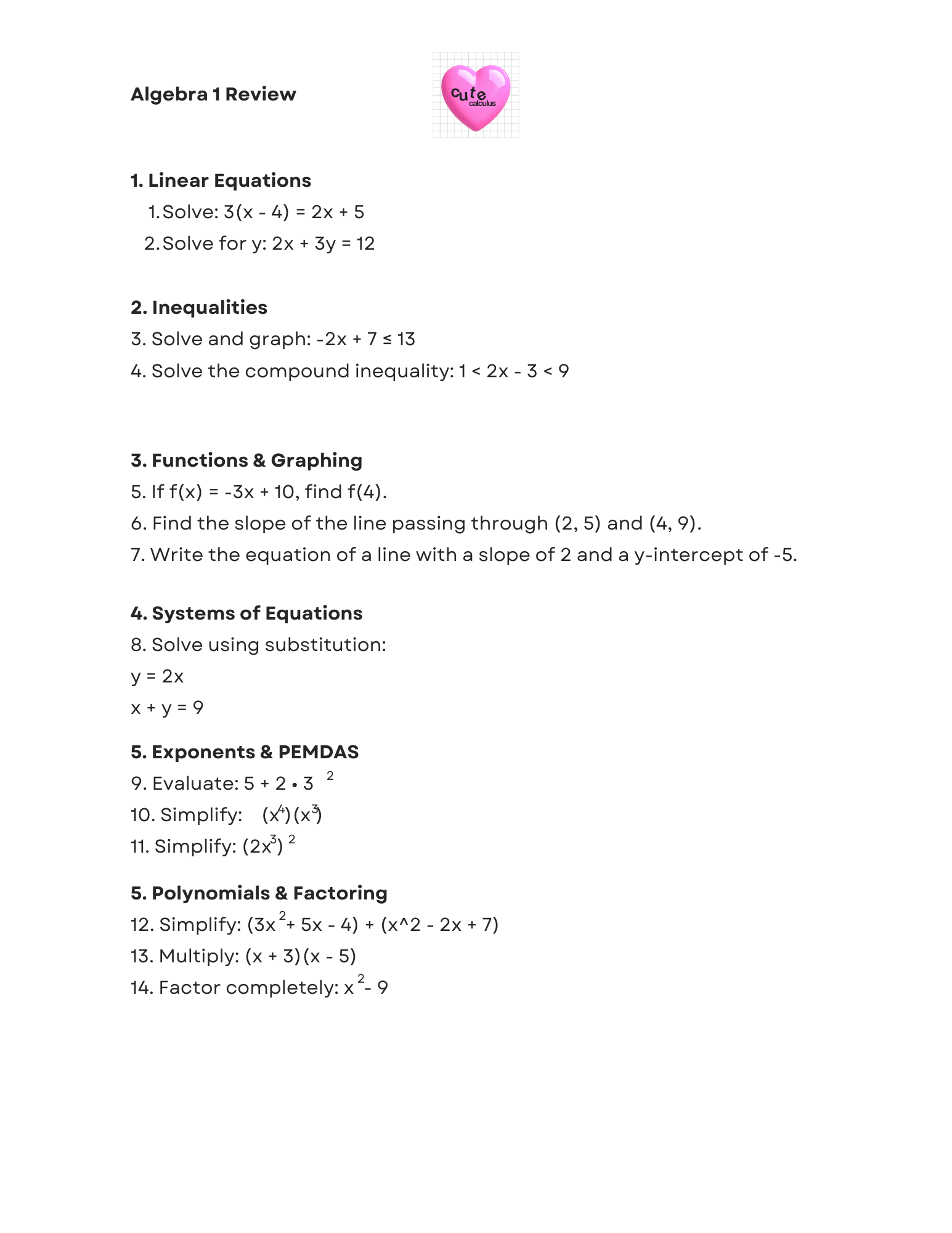Algebra 1 review sheet with problems on a white background