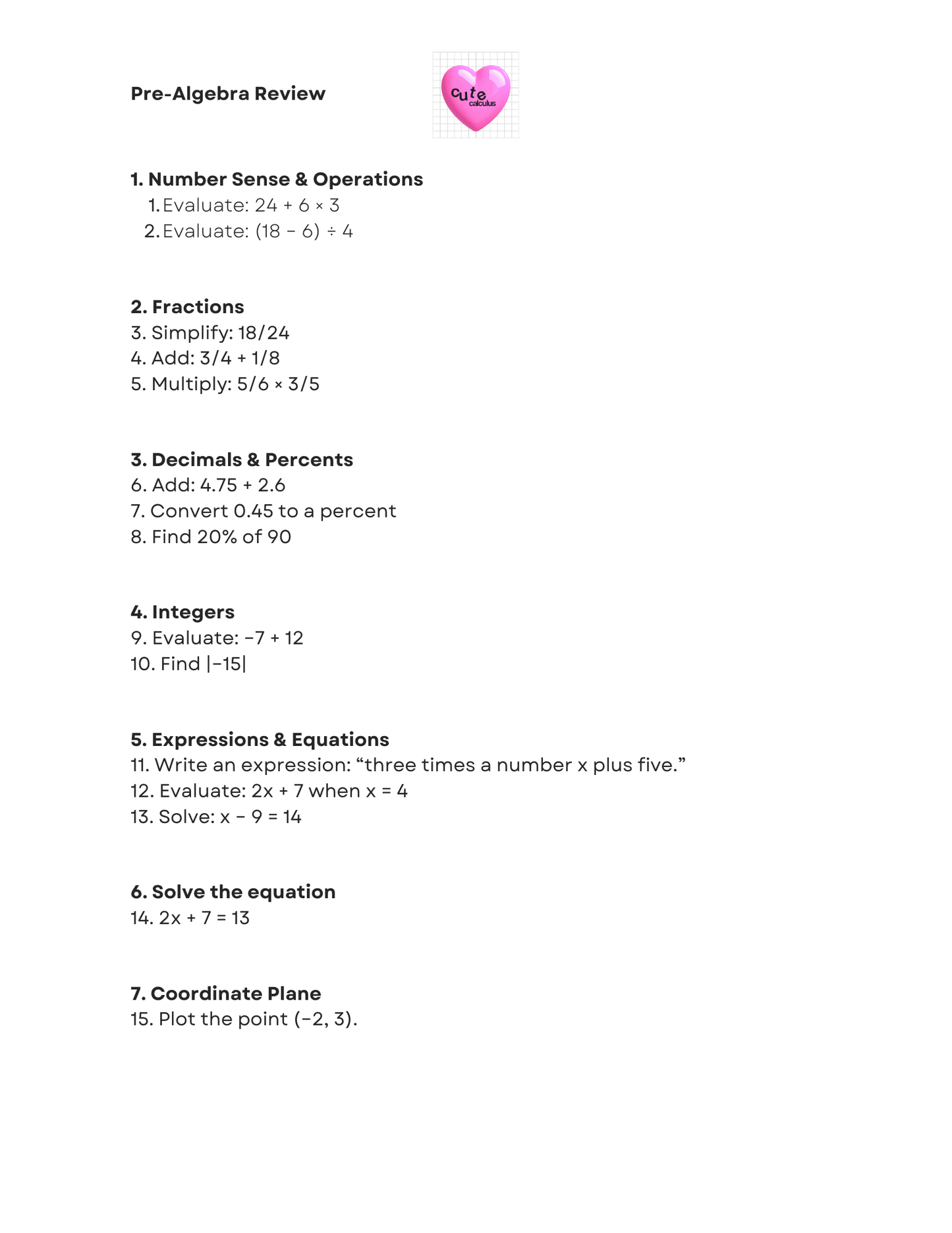 Pre-Algebra Review sheet with various math problems on a white background
