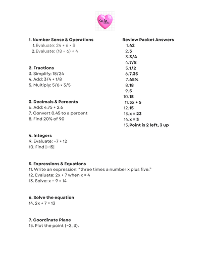 Math review packet with questions and answers on a white background