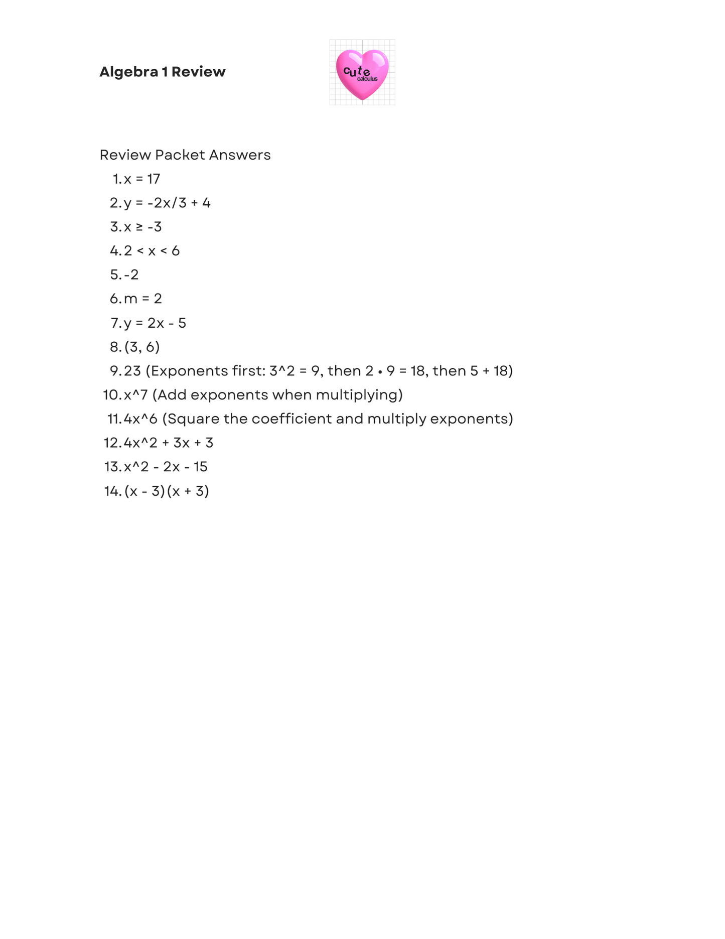 Algebra 1 review packet answers with a pink heart emoji on a white background