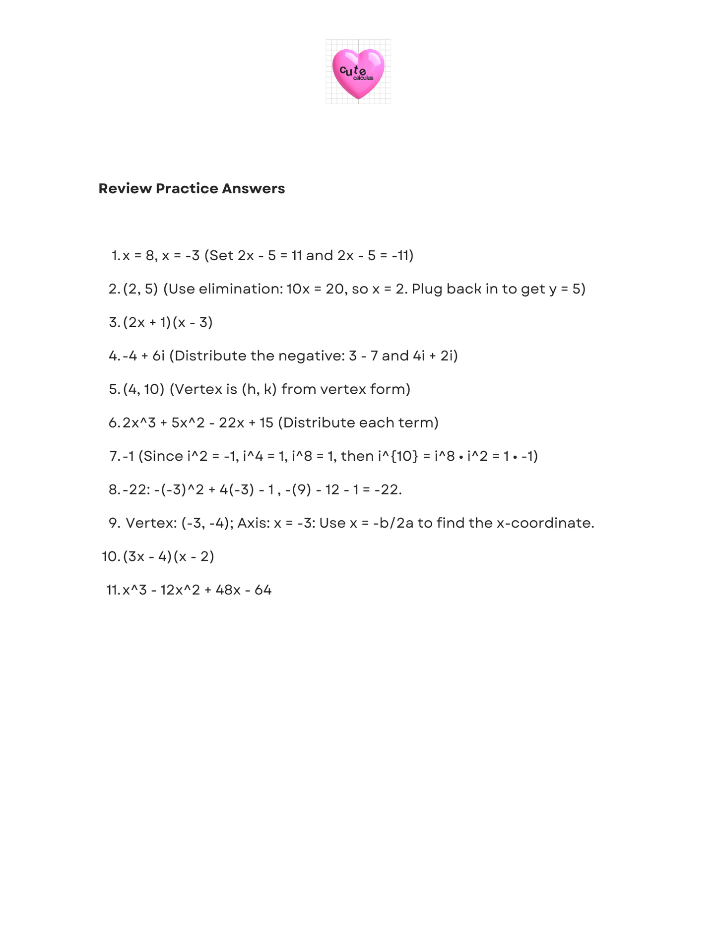 Review practice answers sheet with mathematical problems and solutions on a white background.