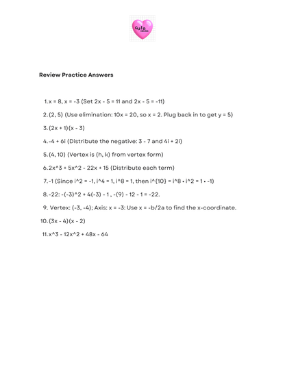 Review practice answers sheet with mathematical problems and solutions on a white background.