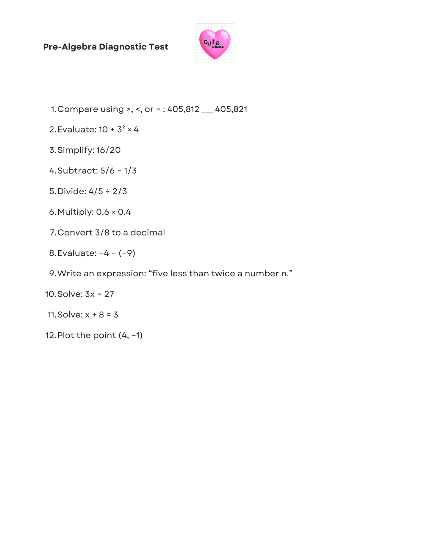 Pre-Algebra Diagnostic Test with various mathematical problems on a white background.