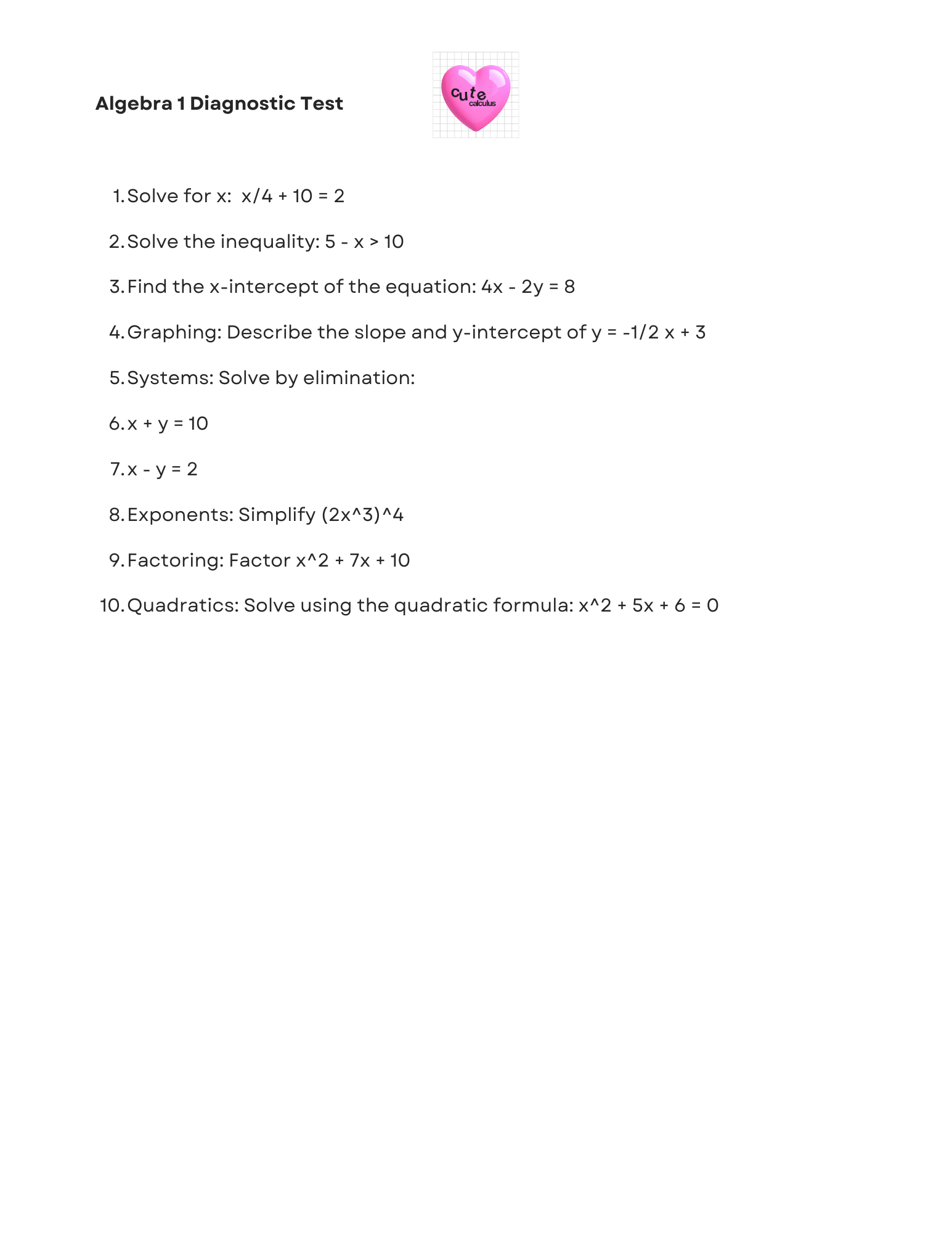 Algebra 1 diagnostic test with problems and a pink heart emoji on a white background