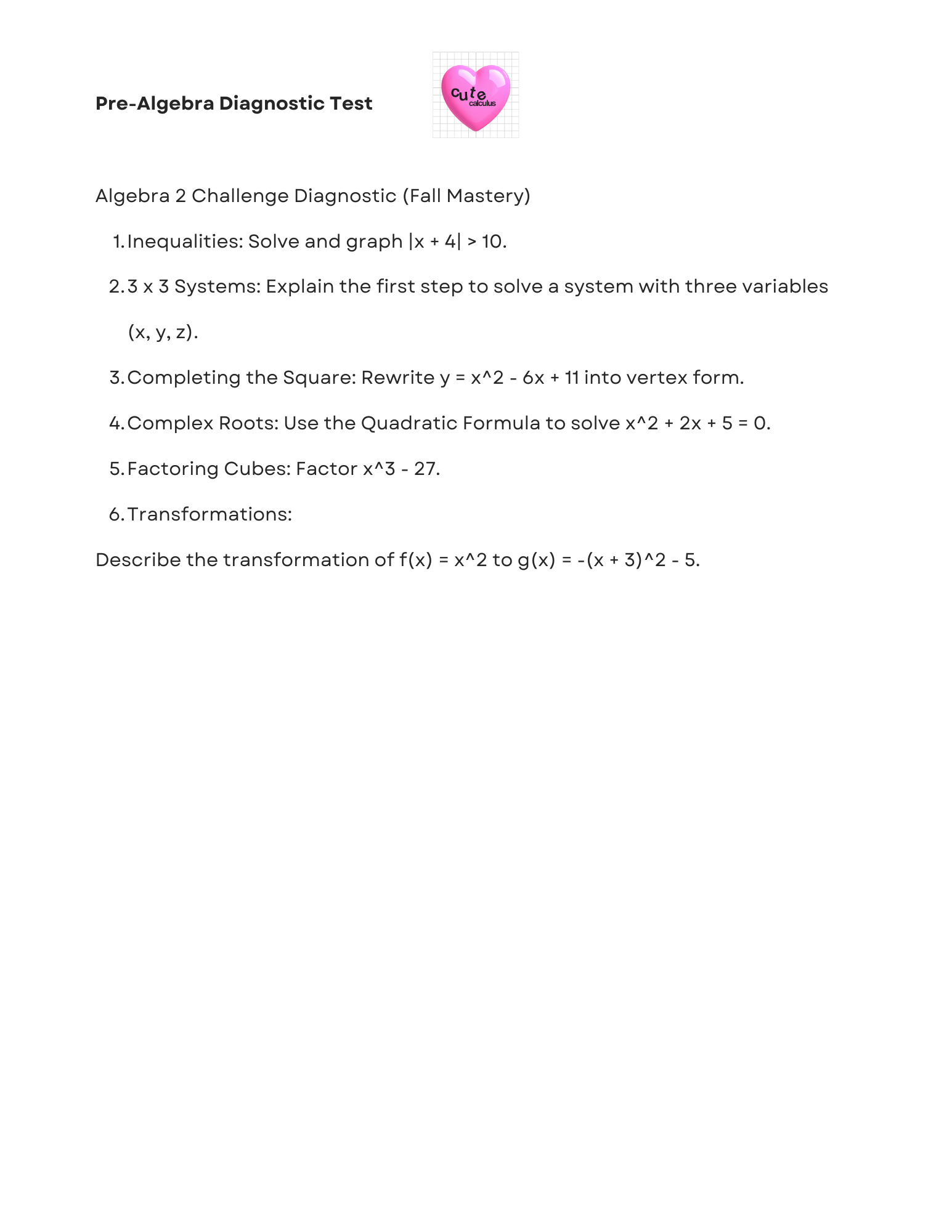 Pre-Algebra Diagnostic Test with algebra problems on a white background