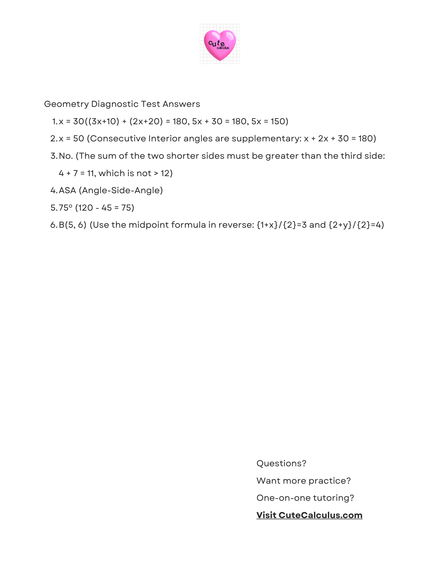 Geometry diagnostic test answers with a pink heart logo and 'Cute Calculus' branding.