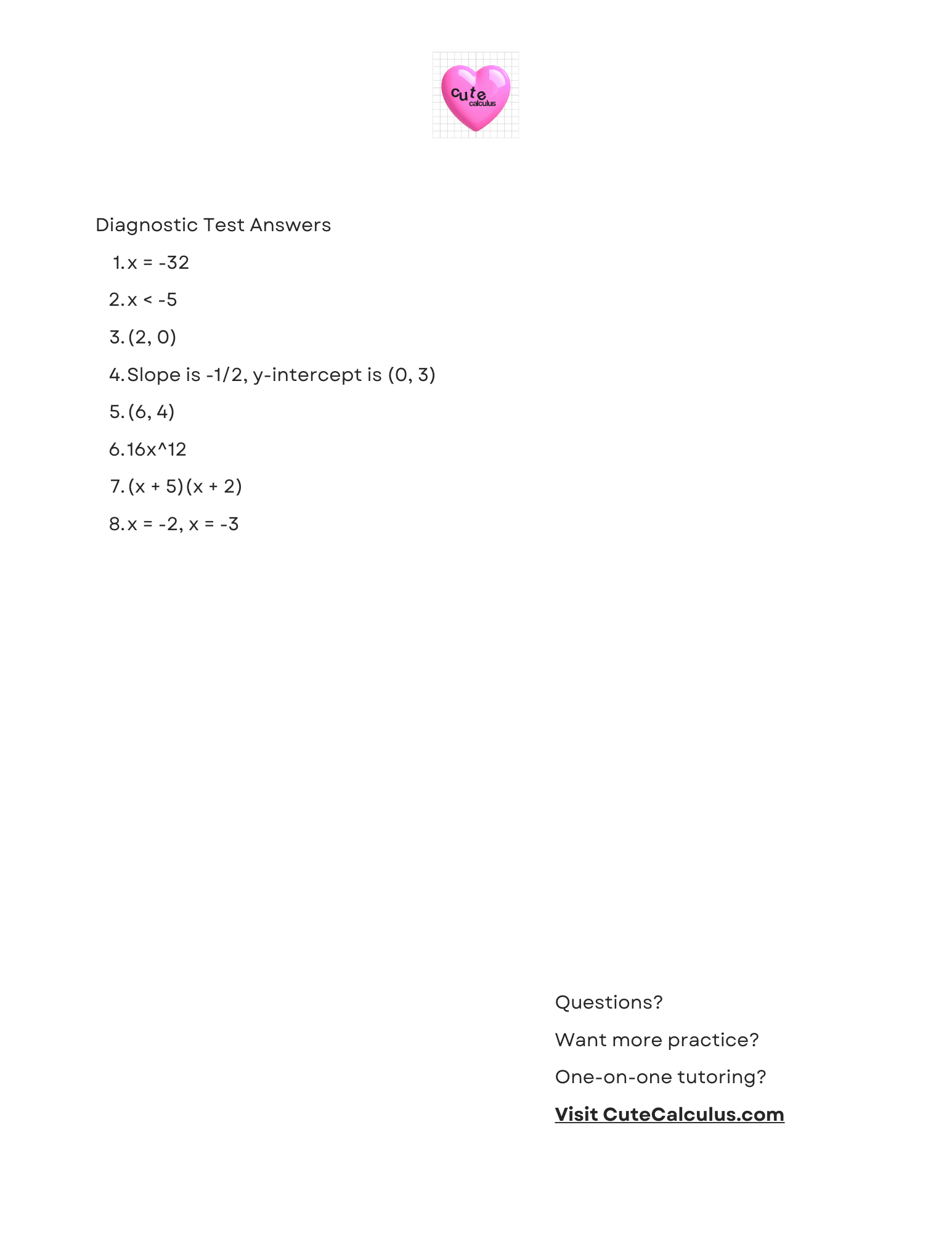 Diagnostic test answers with a pink heart logo and website URL on a white background