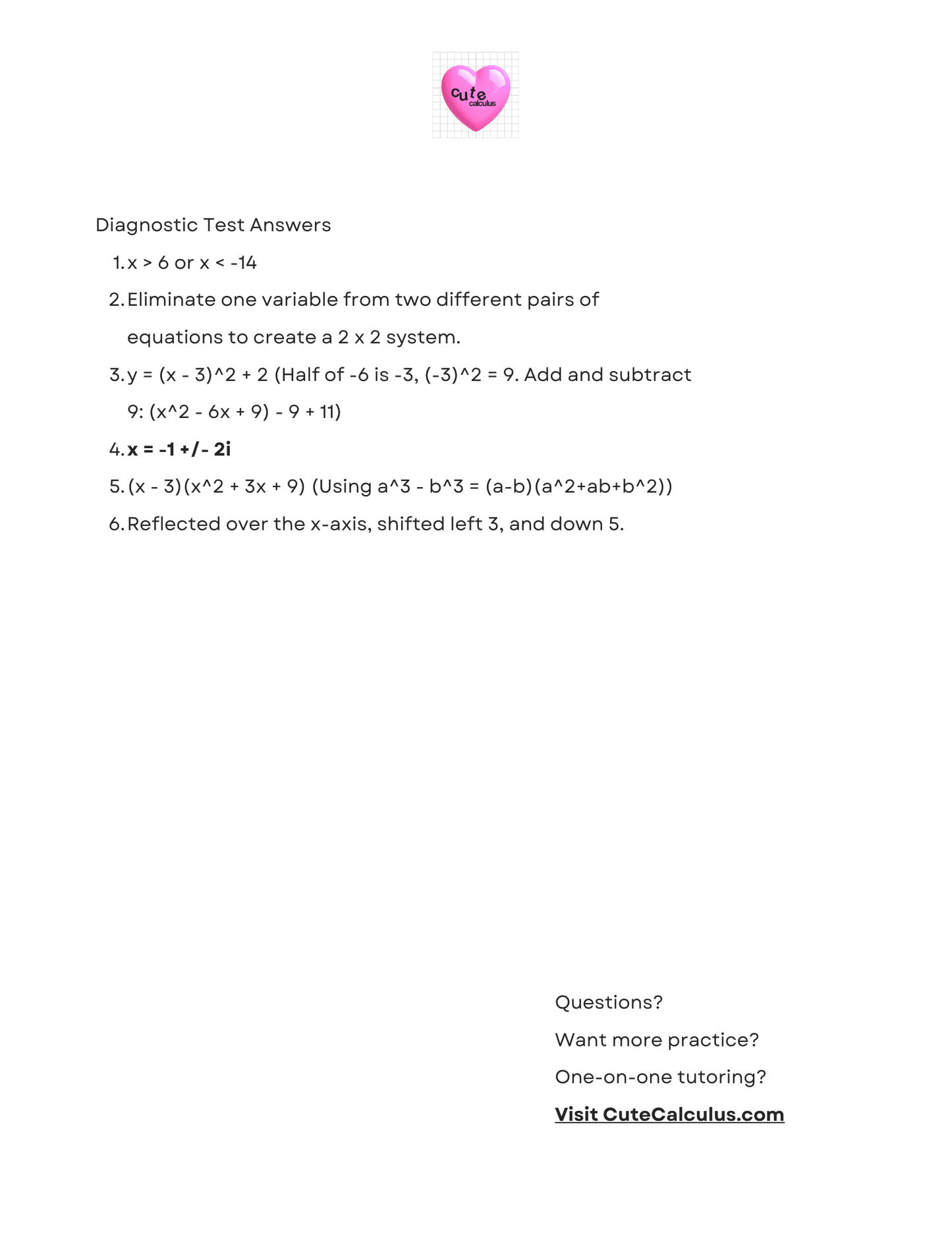 Diagnostic test answers with a pink heart logo and website URL on a white background