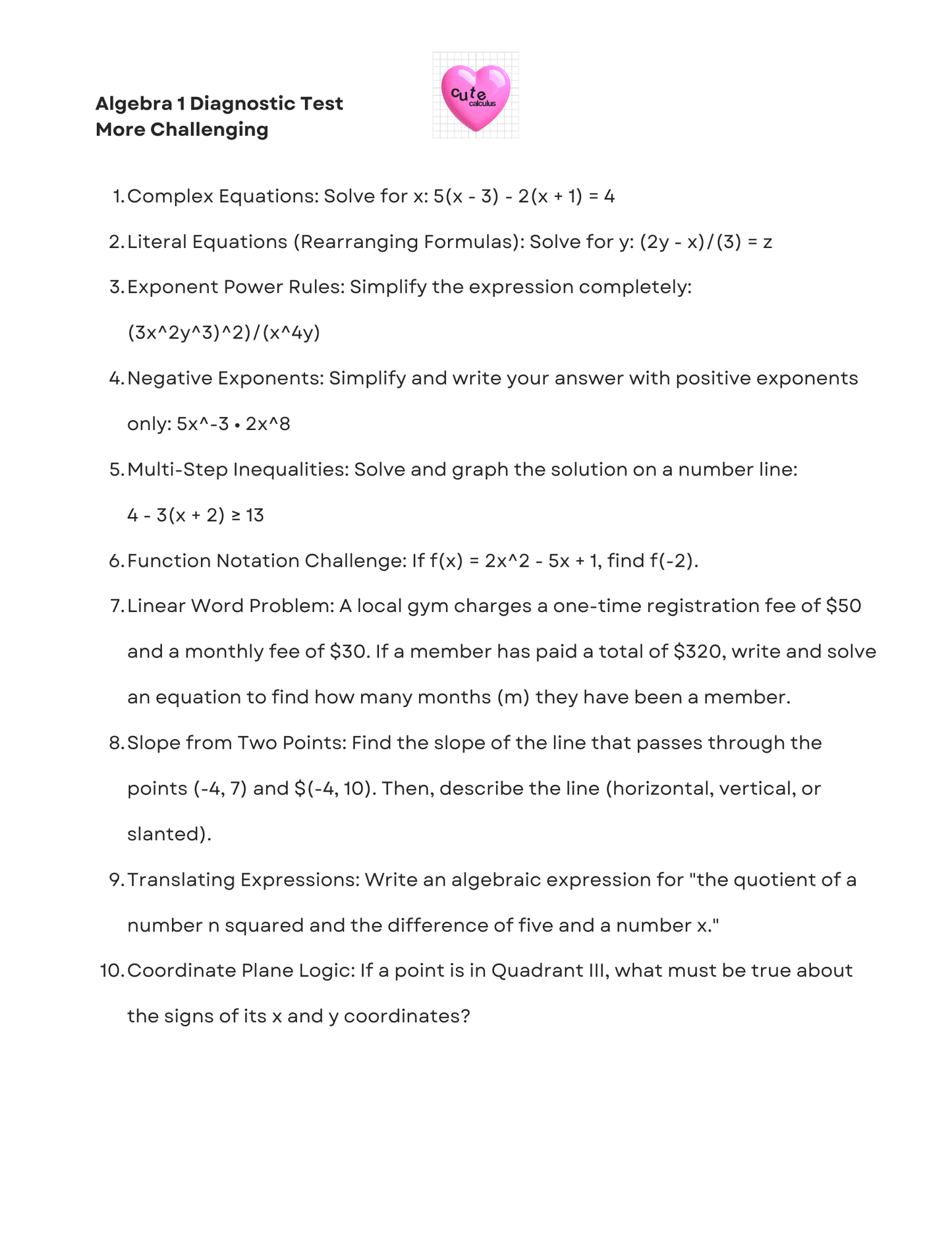Algebra 1 diagnostic test with problems on a white background