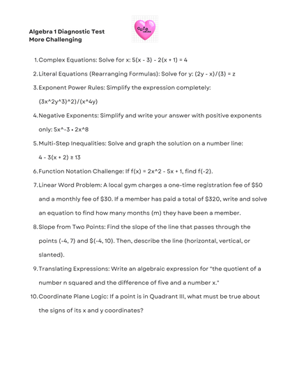 Algebra 1 diagnostic test with problems on a white background