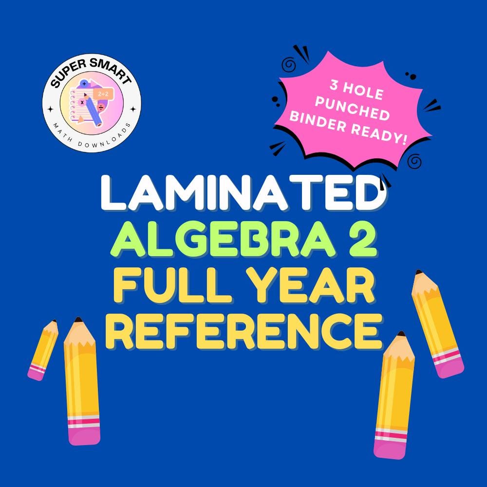 Laminated, 3-Hole Punched Full-Year Reference Guide | Pre-Algebra through Algebra 2 | Cute Calculus