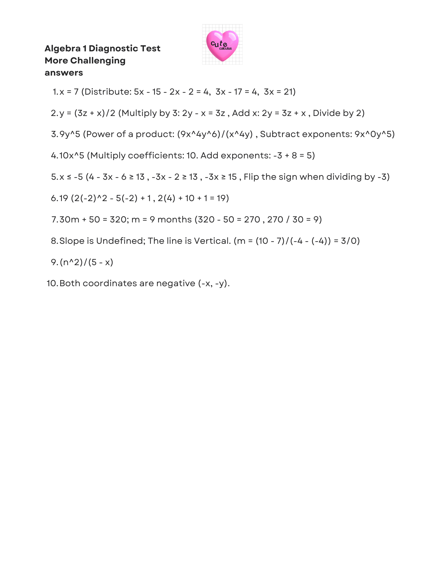 Algebra 1 diagnostic test with multiple-choice questions on a white background.
