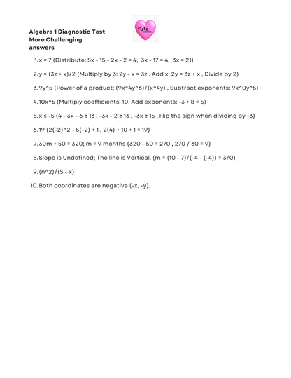 Algebra 1 diagnostic test with multiple-choice questions on a white background.