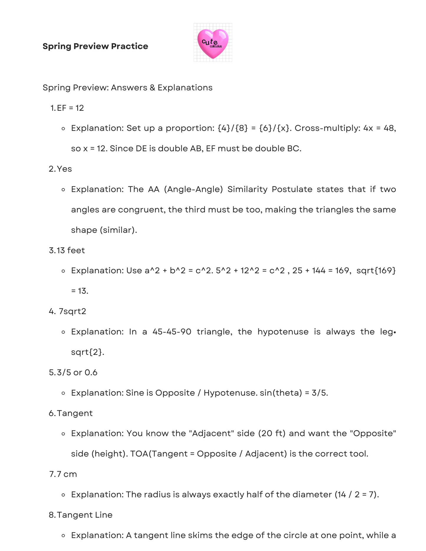 Mathematics practice sheet with answers and explanations on a white background