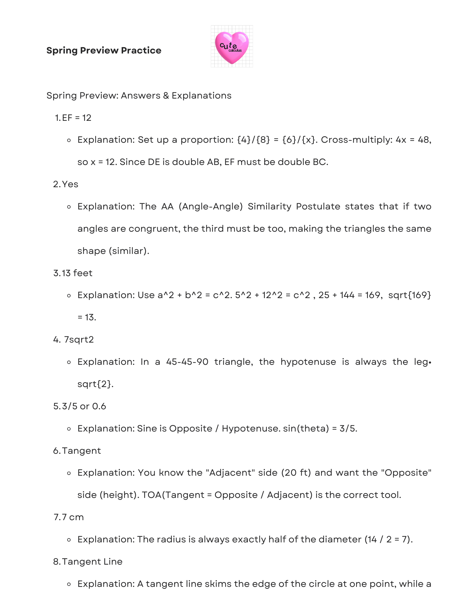 Mathematics practice sheet with answers and explanations on a white background