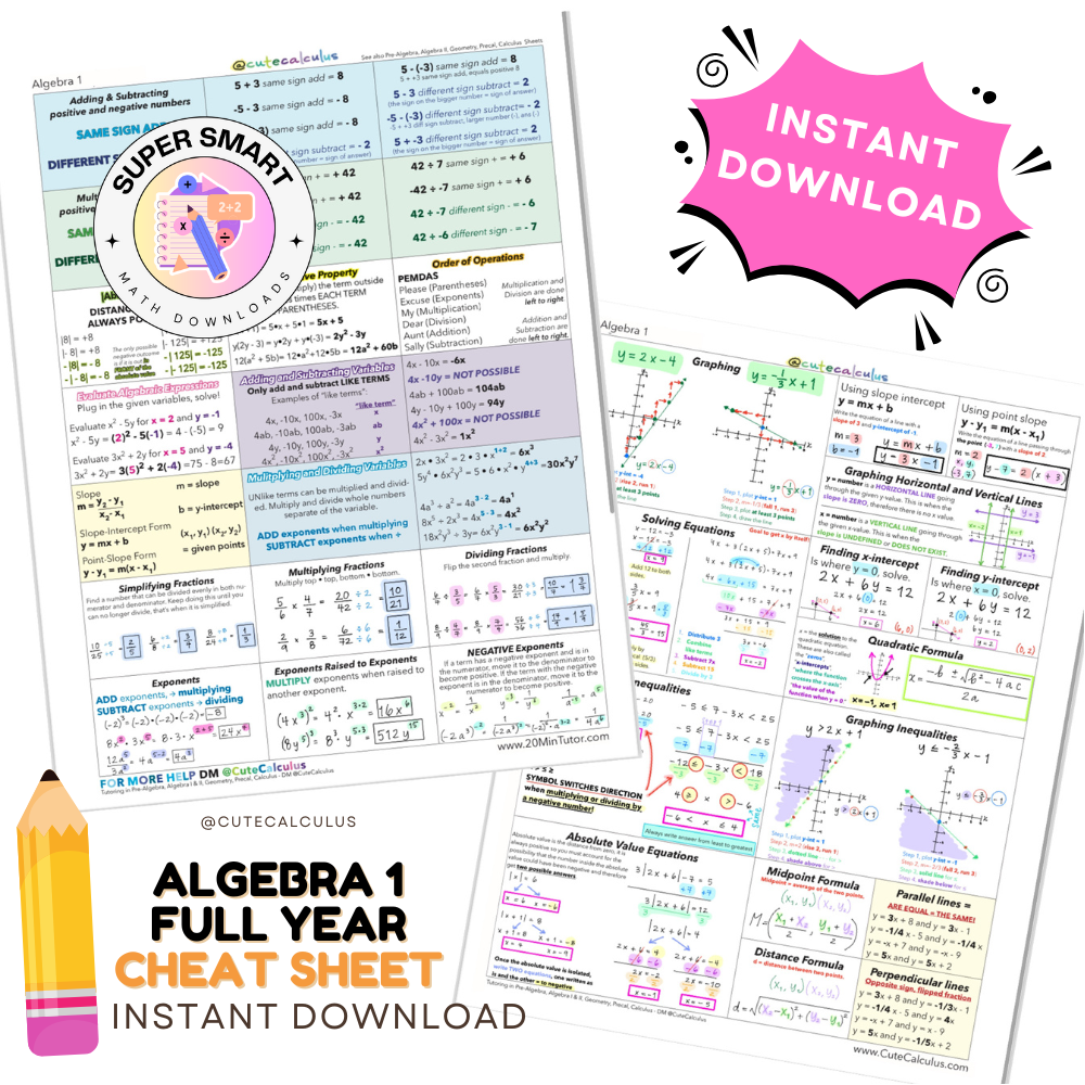 Laminated, 3-Hole Punched Full-Year Reference Guide | Pre-Algebra through Algebra 2 | Cute Calculus