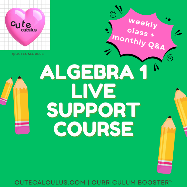 Advertisement for an Algebra 1 live support course with pencils and a heart on a green background.