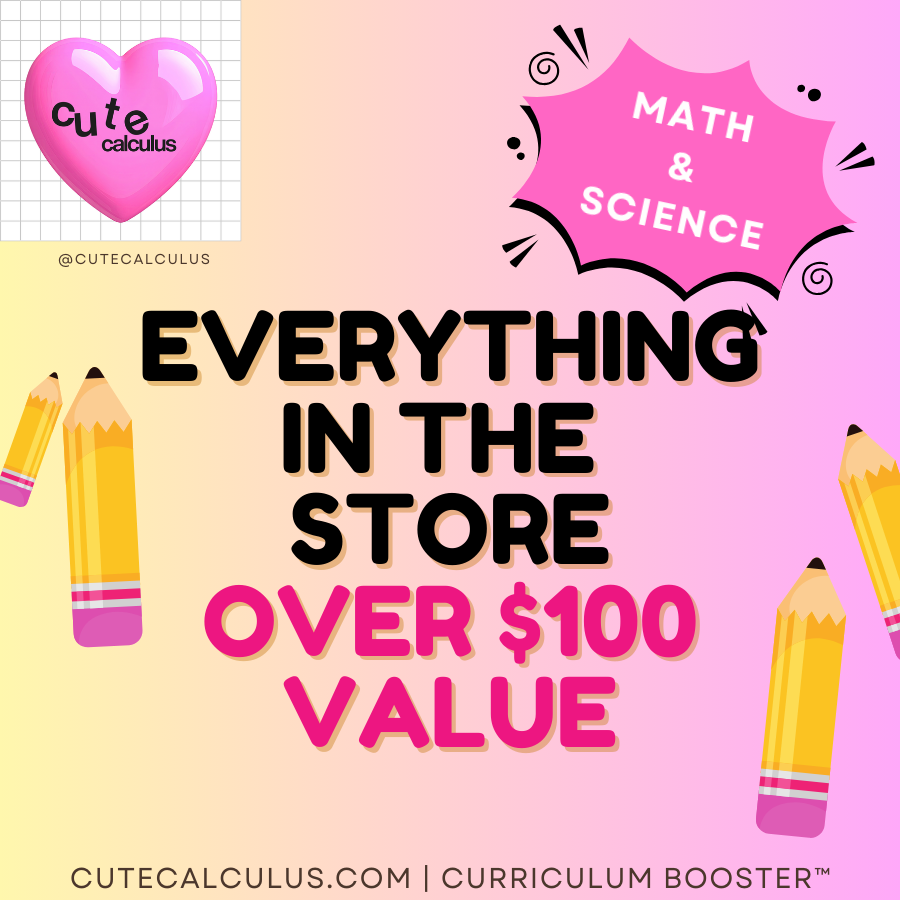Promotional graphic for 'Cute Calculus' with text about educational products over $100 value, featuring pencils and a heart on a pink and yellow gradient background.