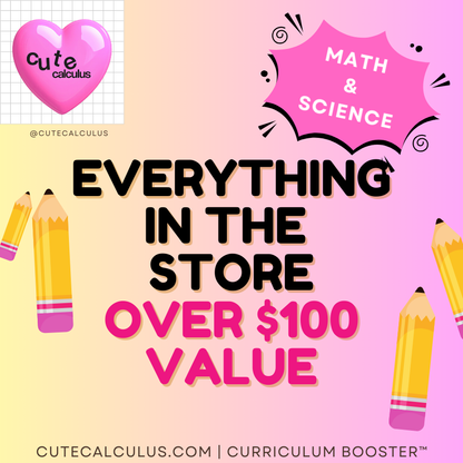 Promotional graphic for 'Cute Calculus' with text about educational products over $100 value, featuring pencils and a heart on a pink and yellow gradient background.