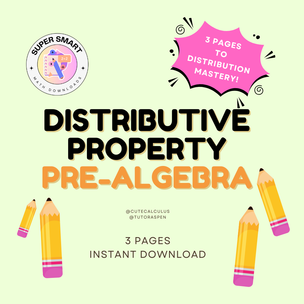 Promotional image for a Distributive Property Pre-Algebra educational product, featuring pencils and a badge, with text detailing the product content and format.