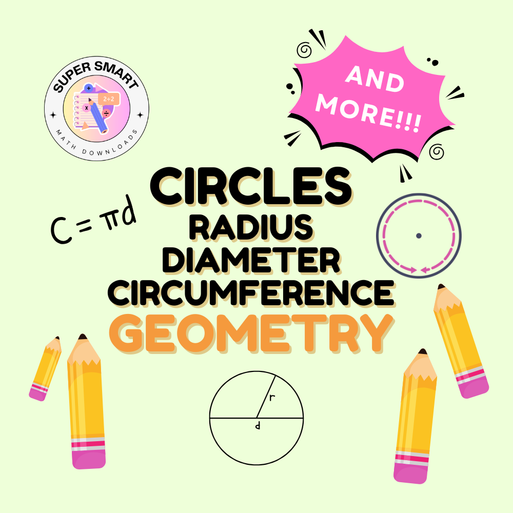 icon for Circles, radius, diameter, circumference geometry in green with pink and decorated with pencils