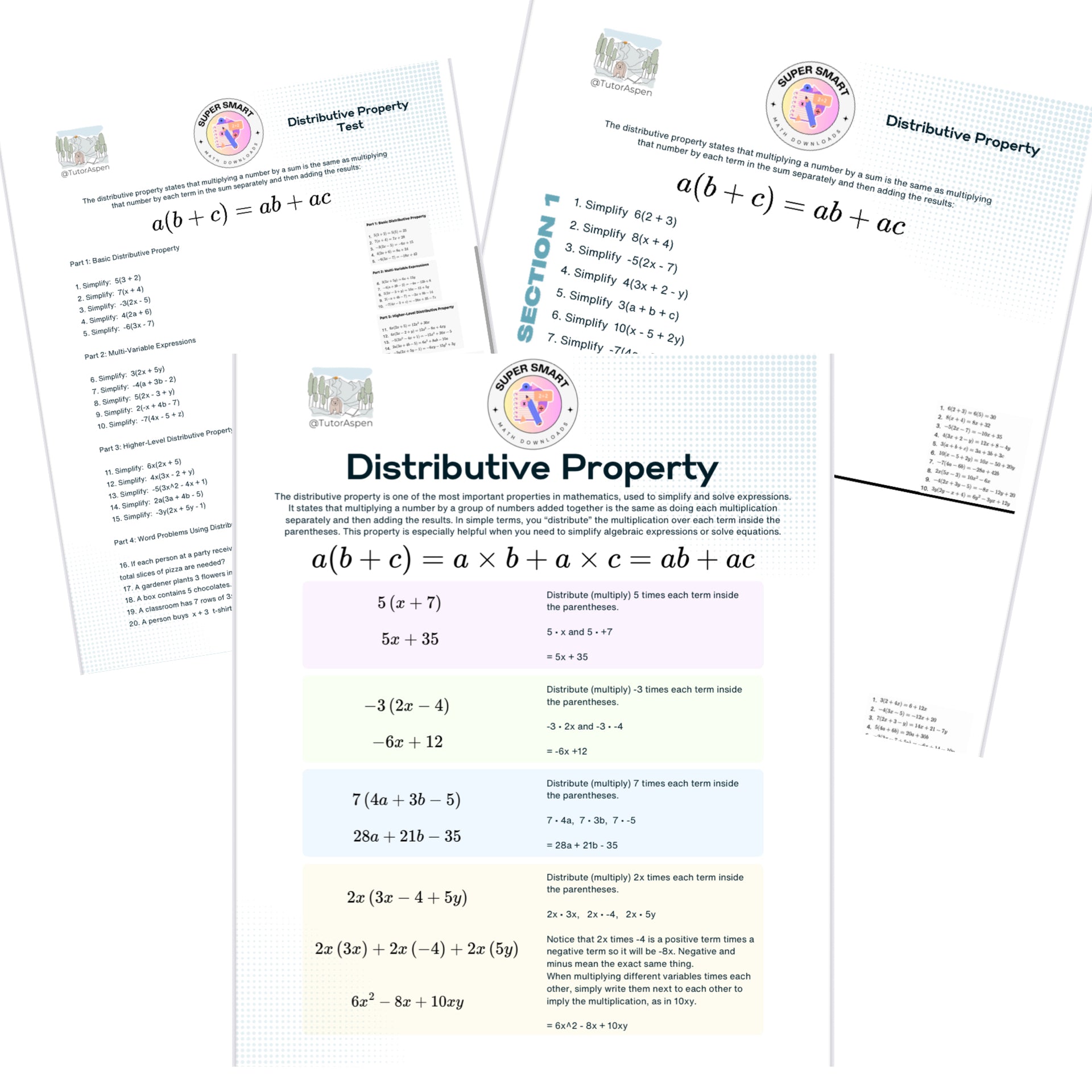 Educational worksheets on the distributive property with a white background