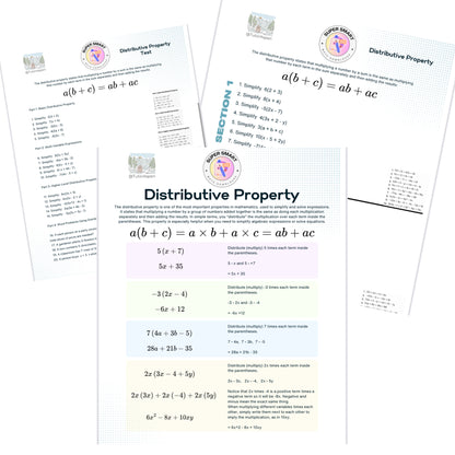 Educational worksheets on the distributive property with a white background