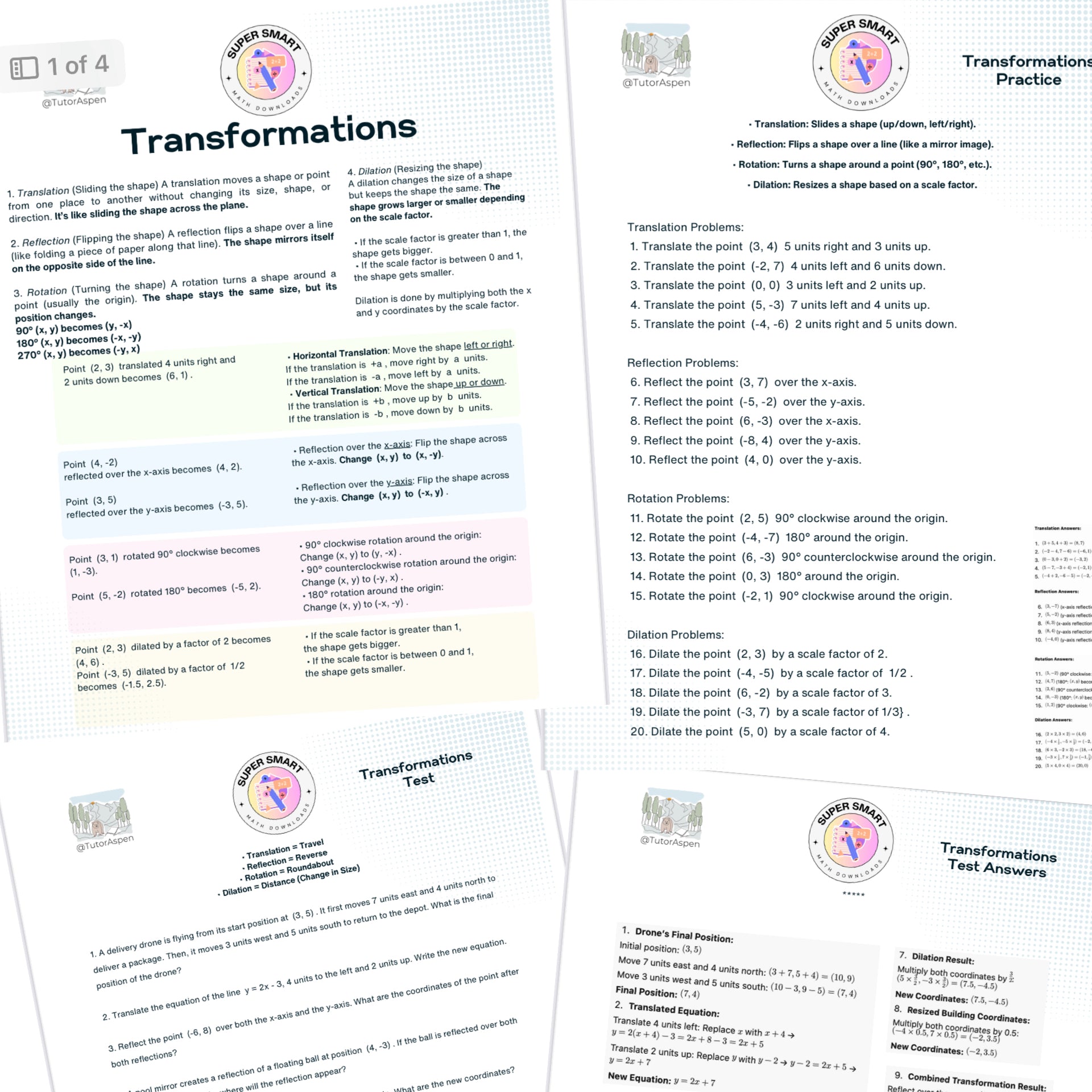 Set of educational worksheets on transformations with a visible brand logo.