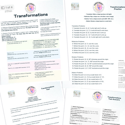 Set of educational worksheets on transformations with a visible brand logo.