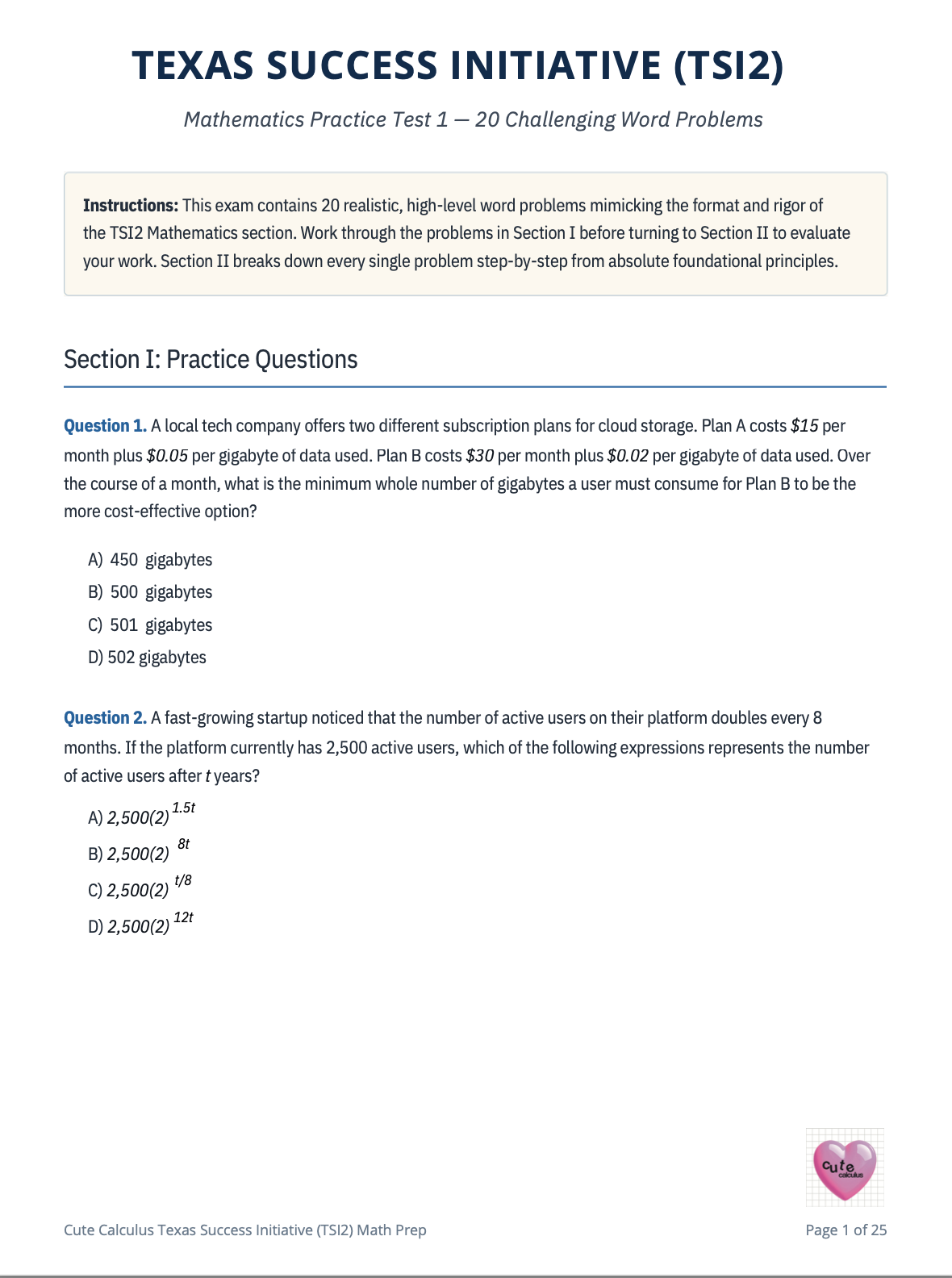 TSI2 Math Practice and Tests with Answers (90 problems!) | Computation Review + 2 Tests - 20 Challenging Word Problems; Deep-Dive Solutions (PDF Download)