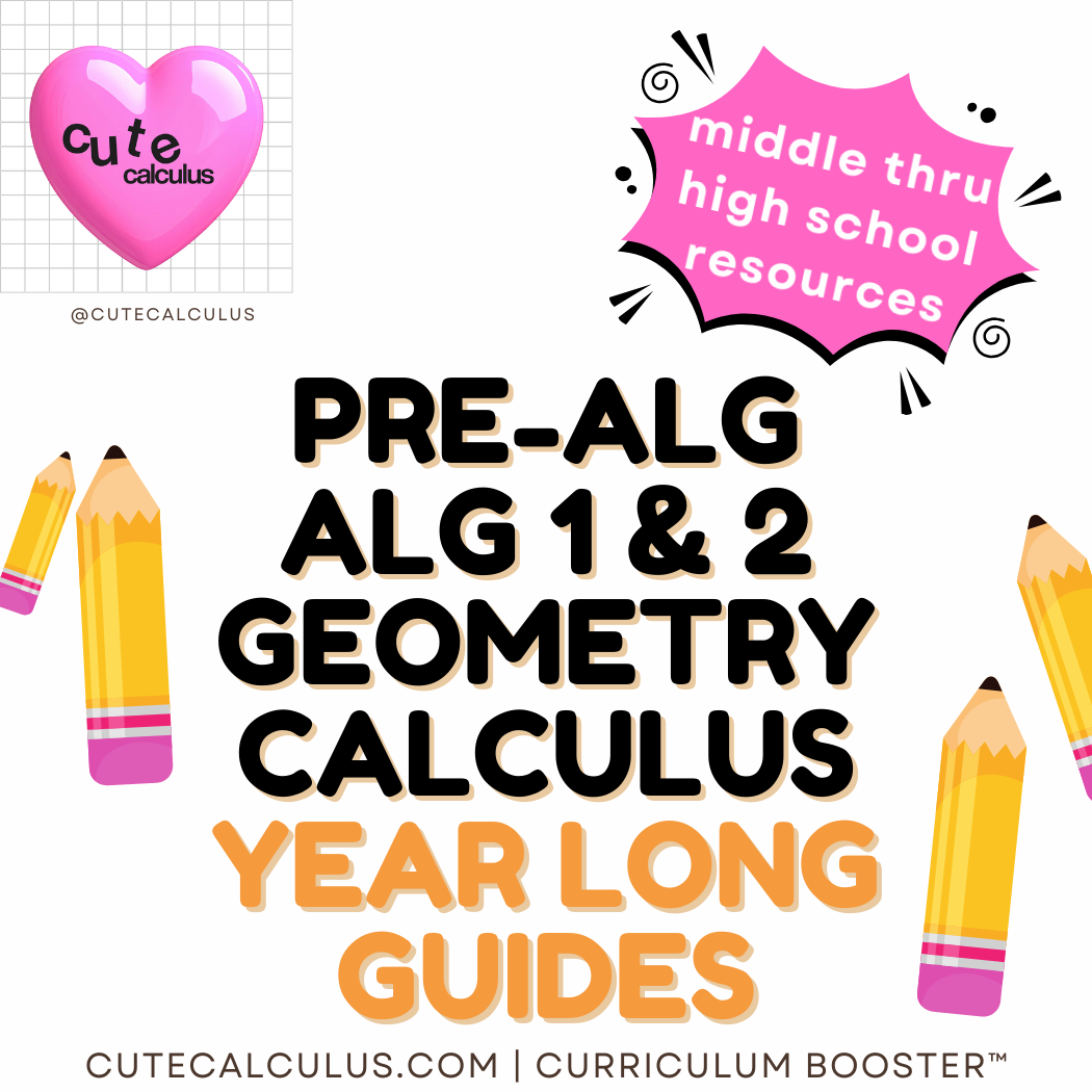 Promotional graphic for educational guides covering pre-algebra to calculus with pencils and a heart-shaped calculus logo.