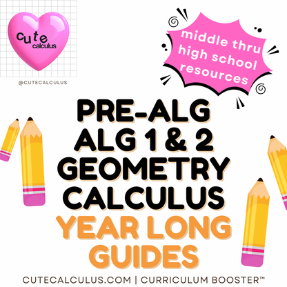 Promotional graphic for educational guides covering pre-algebra to calculus with pencils and a heart-shaped calculus logo.