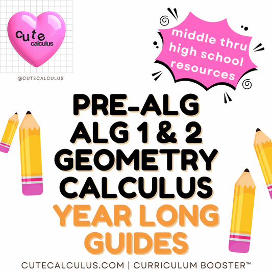 Promotional graphic for educational guides covering pre-algebra to calculus with pencils and a heart-shaped calculus logo.