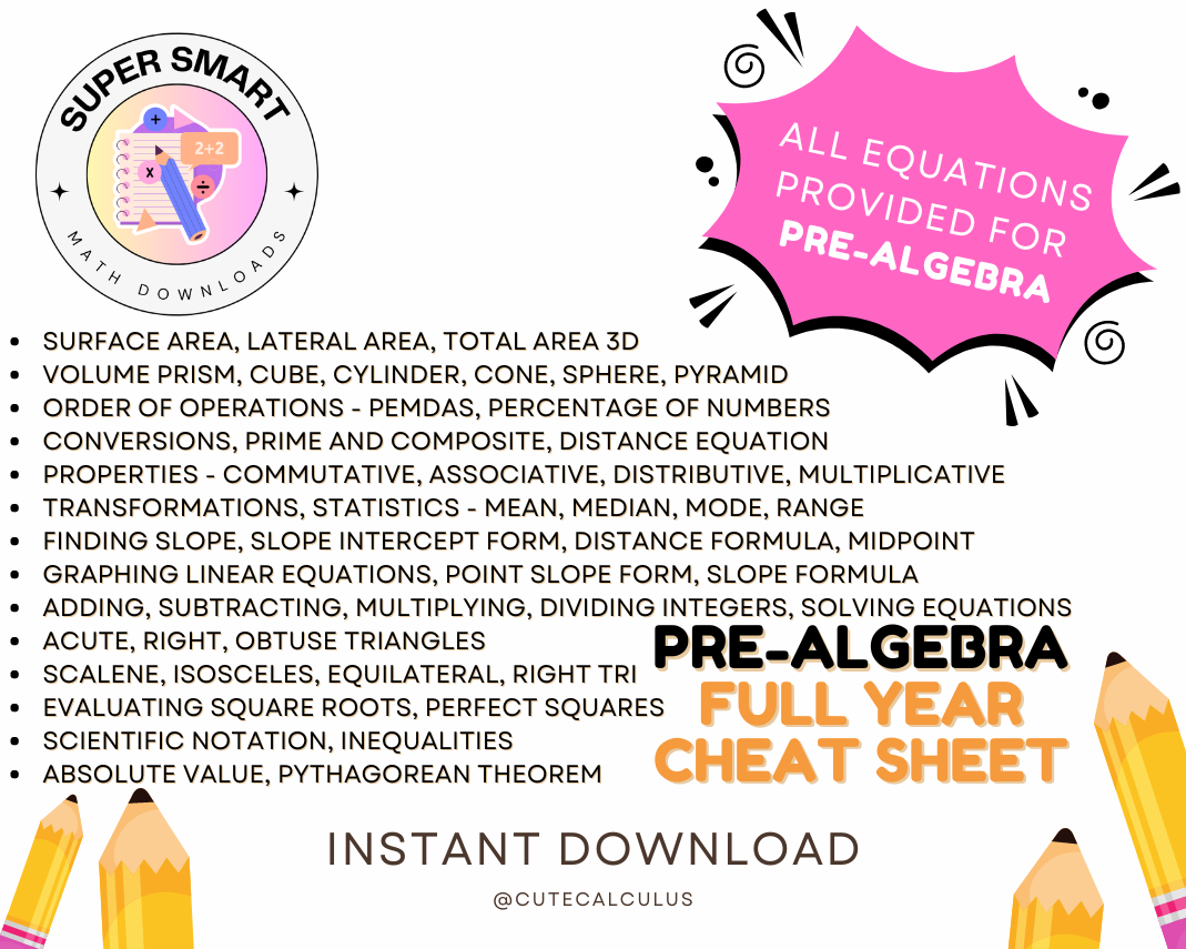 Pre-Algebra Power: Laminated, 3-Hole Punched Full-Year Reference Guide | 1 sheet, 2 sides | Middle School Math, High School Math, test prep